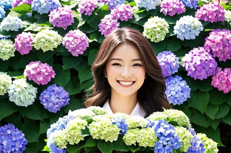 Highest quality　masterpiece　A very beautiful woman smiles surrounded by colorful hydrangeas　Photo style　Fantasy　beautifully