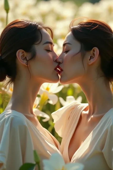 (Highest quality、Tabletop、8k、Best image quality、Award-winning works)、(Two beautiful women deep kissing:1.1)、(Lesbian:1.1)、(Close-up of face:1.1)、(saliva:1.1)、(Perfect kiss:1.2)、(Kiss closeup:1.1)、Neat white dress、Large Breasts、Elegant cute hairstyle、Lily f...