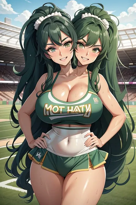 2heads, a tall woman with 2 heads. She is at a sports stadium. She is wearing a skimpy cheerleader outfit. Cleavage. She has long curly green hair in ponytails. She is cheerleading, holding pom-poms. She is very tall and mature. She is sweating. She is hap...