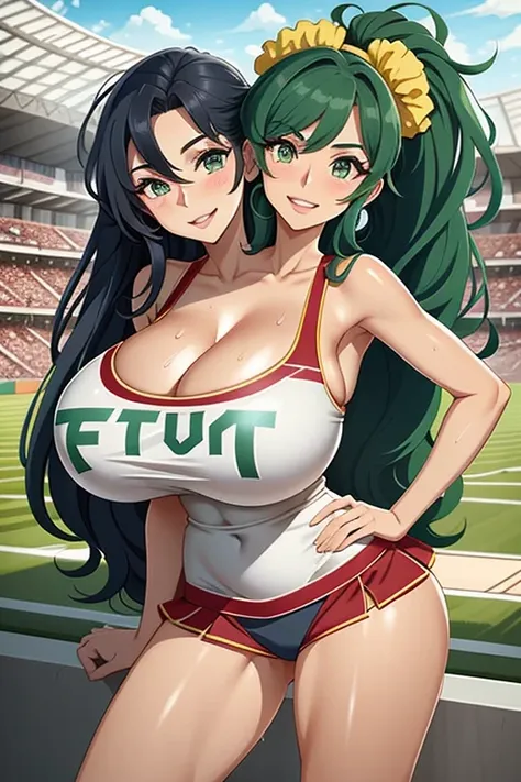 2heads, a tall woman with 2 heads. She is at a sports stadium. She is wearing a skimpy cheerleader outfit. Cleavage. She has long curly green hair in ponytails. She is cheerleading, holding pom-poms. She is very tall and mature. She is sweating. She is hap...