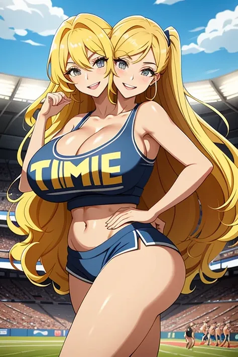 2heads, a tall woman with 2 heads. She is at a sports stadium. She is wearing a skimpy cheerleader outfit. Cleavage. She has long curly blonde hair in ponytails. She is cheerleading, holding pom-poms. Doing cheer performance. She is very tall and mature. S...