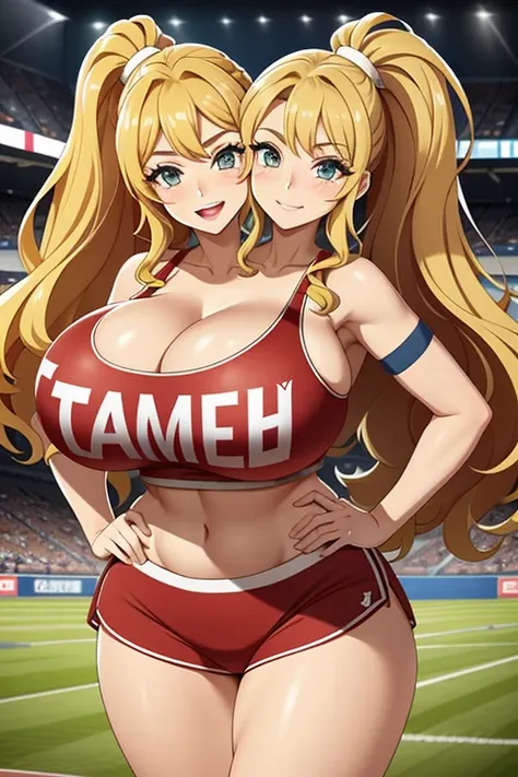 2heads, a tall woman with 2 heads. She is at a sports stadium. She is wearing a skimpy cheerleader outfit. Cleavage. She has long curly blonde hair in ponytails. She is cheerleading, holding pom-poms. Doing cheer performance. She is very tall and mature. S...