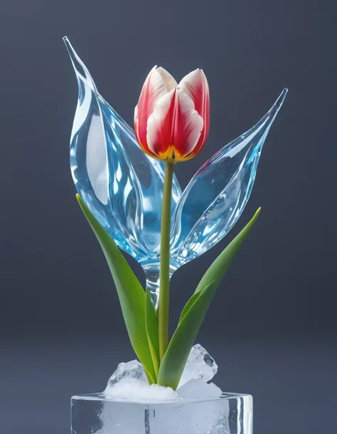 portrait of an ((ice sculpture of a 1single tulip flower: 1.5)), dynamic color icy tulip petals, dynamic background, vivid icy t...