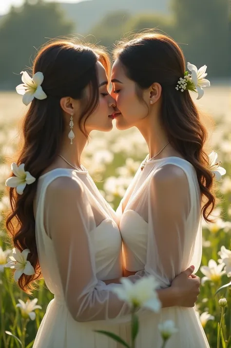 (Highest quality、Tabletop、8k、Best image quality、Award-winning works)、(Two beautiful women deep kissing:1.1)、(Lesbian:1.1)、(Close-up of face:1.2)、Lily hair ornament、(Perfect deep kiss:1.2)、(Kiss closeup:1.1)、(A neat and tidy white see-through dress:1.1)、Lar...