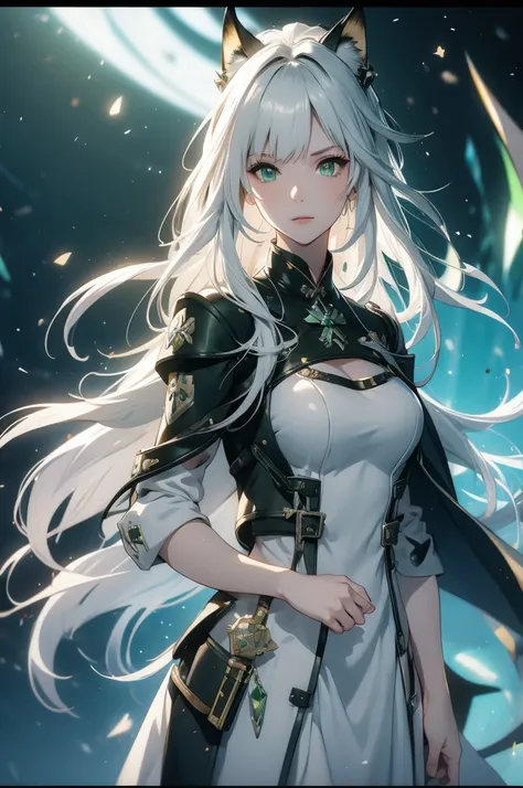 anime girl with white hair and green dress standing in the dark,kaltsit, kaltsit from arknights, from the arknights videogame, oneesan, kaltsit oneesan, fox ear, green eyes,from arknights, fine details, arknights, arknights style, arknights cg, kantai coll...