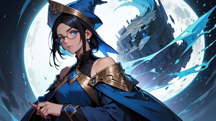 4k ultra high quality, human woman, sharp blue eyes, round face, small slightly upturned nose, curious expression, shoulder length blue-black hair, wearing modest blue dress, wearing an oversized blue wizard hat with a big very large rim fully visible in t...