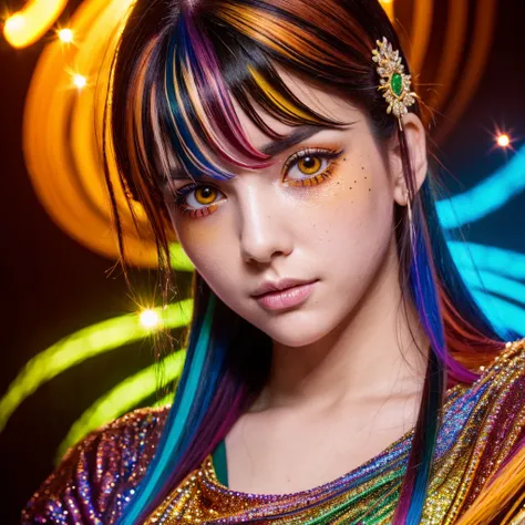 multicolored hair, gradient hair, carrot hair ornament, mole under eye, amber eyes, high detail, Verism, Hyperrealism, Contemporary art, cinematic lighting, sparkle, wide shot, f/1.2, best quality, award winning, 8k hd, super detail, UHD, 3D claymation sty...