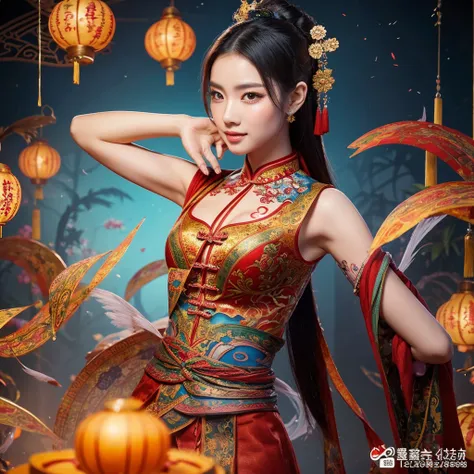 An ancient Chinese beauty, charming temperament, flowing long skirt, clear face, beautiful eyes, osmanthus surrounding, perfect body structure proportional masterpiece, super detailed, epic composition, color tattoo art, new traditional tattoo art, SD tatt...