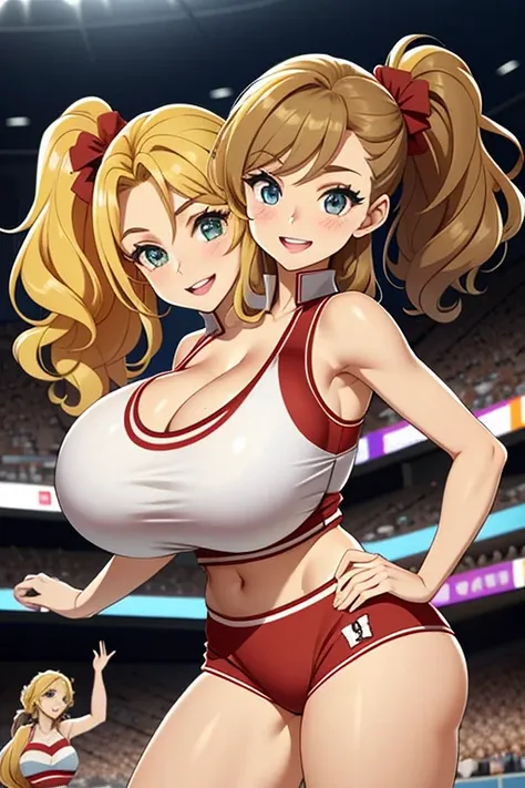 2heads, a tall woman with 2 heads. She is at a sports stadium. She is wearing a skimpy cheerleader outfit. Cleavage. She has long curly blonde hair in ponytails. She is cheerleading, holding pom-poms. Doing cheer performance. Arms in air. She is very tall ...