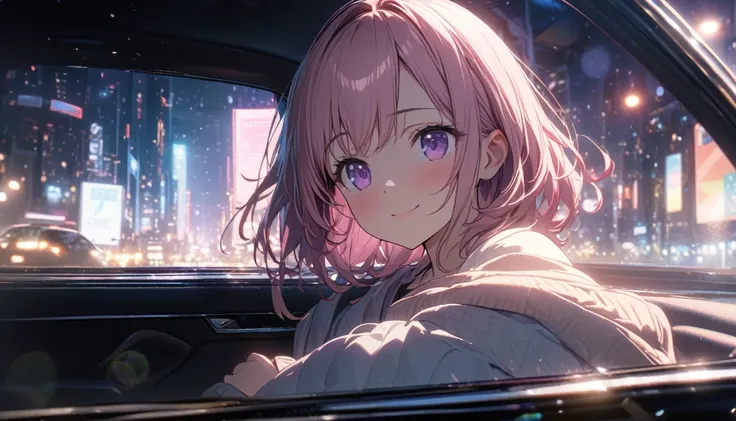 one girl, short pink hair and bob hair.、beautiful purple eyes、smile、gentle smile on her face、flat chest, one Beautiful girl,((masterpiece, illustration, best quality) ((ultra-detailed))angle inside a car, showing a woman with a thoughtful expression on her...