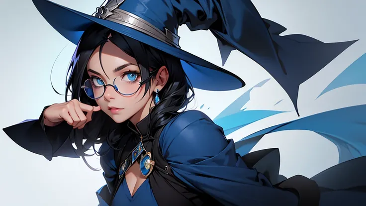 4k ultra high quality, waist up to tip of hat, human woman, sharp blue eyes, round face, small slightly upturned nose, curious expression, shoulder length blue-black hair, wearing modest blue dress, wearing an oversized blue wizard hat with a big very larg...