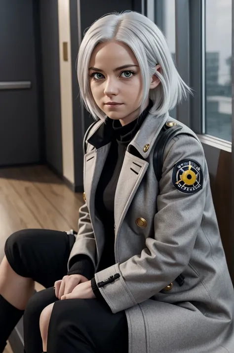 Screenshot of my hero academia, girl with shoulder-length white hair, one gray eye and the other gold eye and a black eyelet, wearing a gray coat and sitting with her legs crossed and her arms crossed 