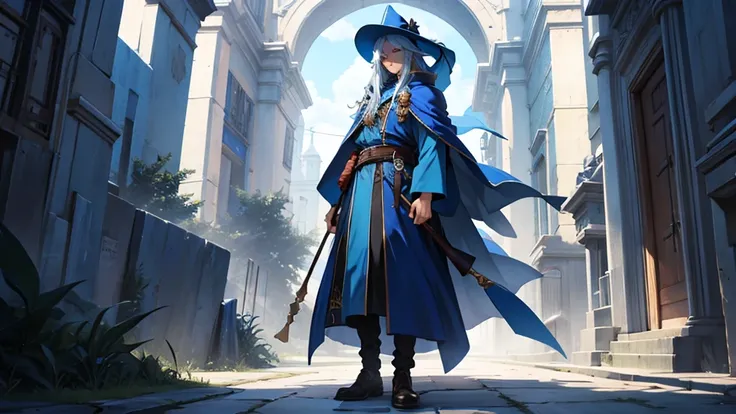 an oversized blue wizard hat with a big very large rim