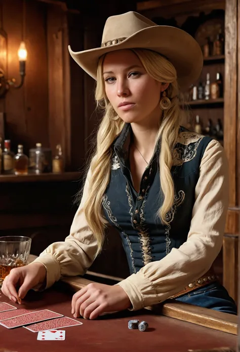 Long Haired Female Cowboy in a Saloon in the Old West,Blonde,Sitting,Smoking Pipe,Table Wisky,Piano,6 Bullet Revolver,Barrel,Table,Playing Cards,Dust,Artwork,3D,4K,Detailed,Realistic