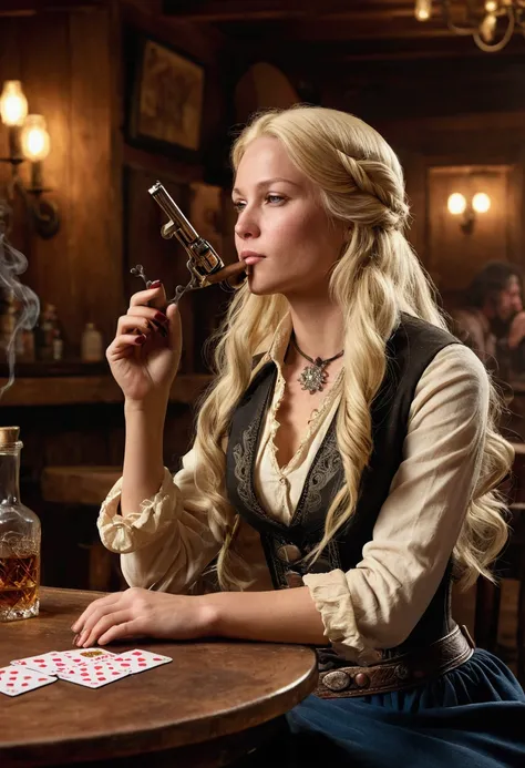 Long Haired Female Cowboy in a Saloon in the Old West,Blonde,Sitting,Smoking Pipe,Table Wisky,Piano,6 Bullet Revolver,Barrel,Table,Playing Cards,Dust,Artwork,3D,4K,Detailed,Realistic