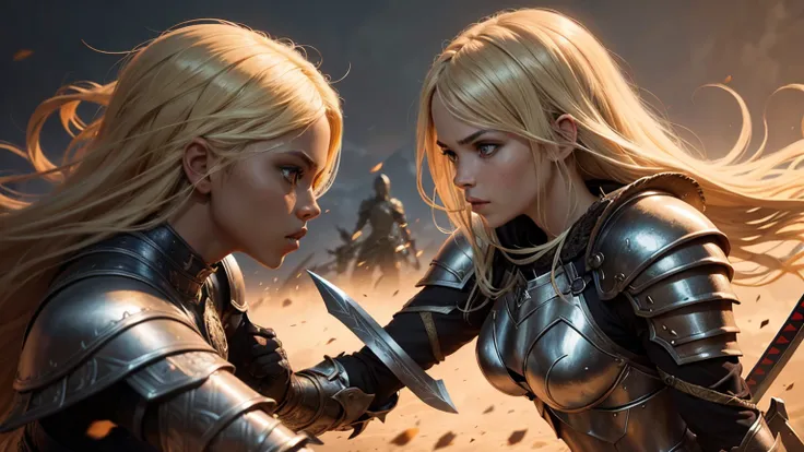 1 girl, blonde hair, armor, battle, sword fight, african warrior woman, detailed facial features, intricate armor details, dramatic lighting, cinematic composition, dark fantasy, muted color palette, dynamic action pose