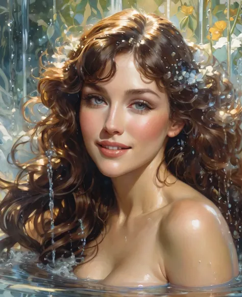 (masterpiece) situation in the soul, 1 woman, ethereal and beautiful Hugo Boss model from the 1940s..., Beautiful painting with a very detailed face by Alphonse Mucha..., Craig Mullins, Greg Rutkowski, Magali Villanueva, (The most beautiful portrait in the...