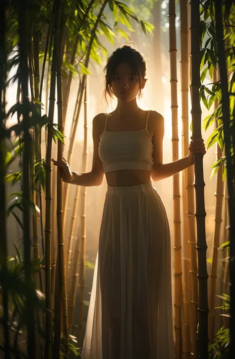 an asian woman standing in the middle of bamboo den. misty morning. mountain's vibes. wearing white thin clothes. backlight, dim...