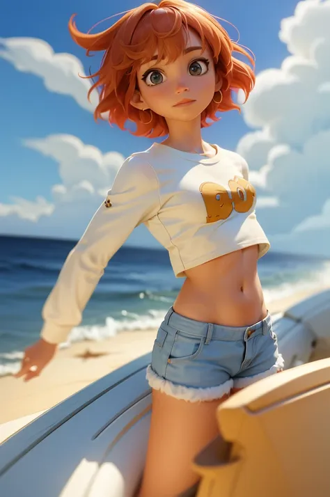 nami at the beach, white crop top long sleeves, short shorts