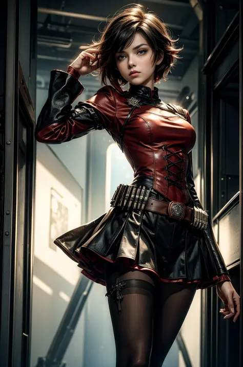 (masterpiece, best quality:1.2), cowboy shot, solo, dynamic pose, 1girl, ruby rose, looking at viewer, military uniform, pantyhose, in futuristic library