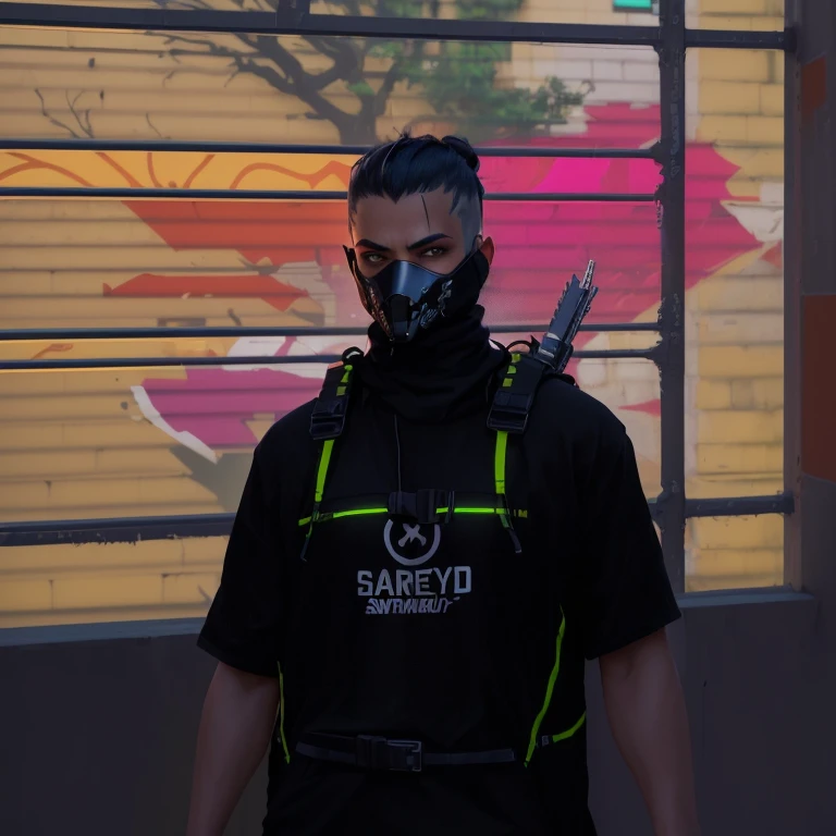 There is a man wearing a mask and a black shirt, wearing bandit mask, cyberpunk street henchman, hyper-detailed full-body photo, half body head shot, wearing cyberpunk, cyberpunk clothing, upper body avatar, cyberpunk style outfit, full body close-up, Skin...