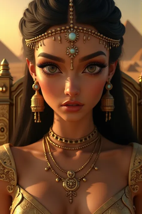 Queen Kleopatra, sexy figur,with elegant facial features, beautiful detailed eyes, beautiful detailed lips, extremely detailed eyes and face, long eyelashes, sitting on a golden throne, pyramids in the background, highly detailed, 8k, hyperrealistic, maste...