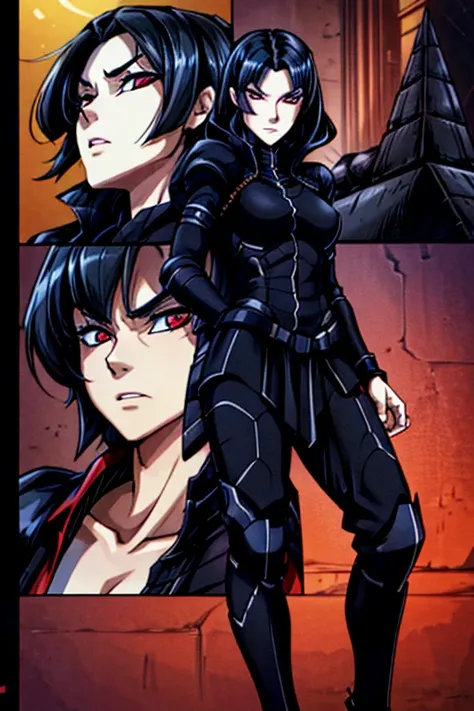 1 BOY ( black hair) wears (completely black clothes with) (has red pupils) (full image, HD, 4k, 8k, high quality.)