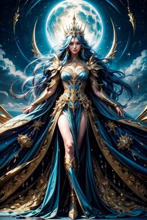 salvador、messianic beautiful woman、fantasiato、beautiful and aesthetic、colorful gemstones studded、blue and golden dress、armor、tia...