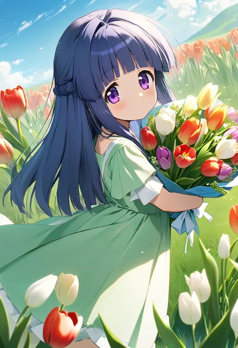 (Rika Furude), bouquet, Tulips, background, blue sky, White cloud, Green grassland, girl, alone, Blue Hair, Purple eyes, Long Hair, blunt bangs, bangs, 11 years old, green dress, 