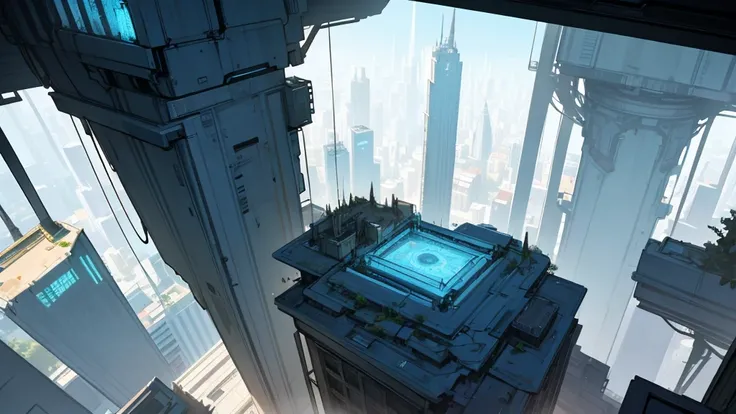 create a scene from the top of a building in the middle of a futuristic city abandoned in ruins with plants already dominating the place like on an RPG table