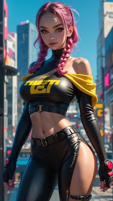 1 girl, smile face, ((Cyberpunk armor)), bodysuit, outdoor, beach, ocean, green eyes, furry female, bottomheavy, thick thighs, massive thighs, hyper thighs, microwaist, yellow shirt off shoulder navel pants sweater around waist fingerless gloves