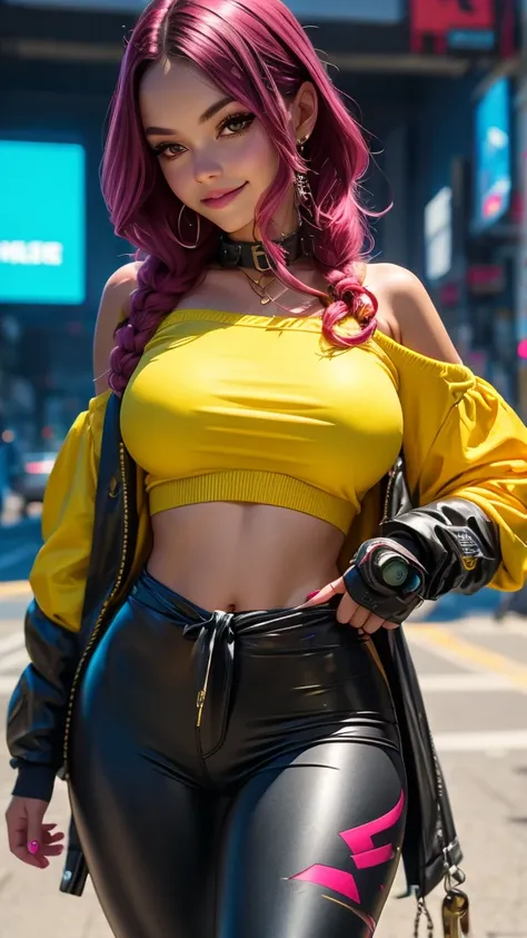 1 girl, smile face, ((Cyberpunk armor)), bodysuit, outdoor, beach, ocean, green eyes, furry female, bottomheavy, thick thighs, massive thighs, hyper thighs, microwaist, yellow shirt off shoulder navel pants sweater around waist fingerless gloves