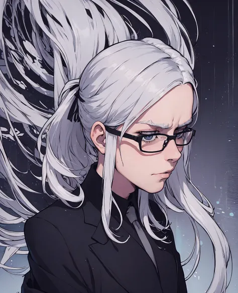 Decim (Death Parade), 1 man, 35-year-old,(black bristle), man wearing glasses, closeup face, profile picture,dresses in a formal and restrained style, a black jacket,white shirt, a professional look,white-ash hair, silver color, tired look,