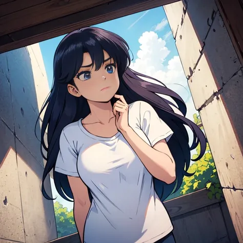 A long hair woman in a white T-shirt looks up at an angle, shielding herself from the dazzling sunlight with her hands. The composition is one looking down on her from above, こちらを見る,