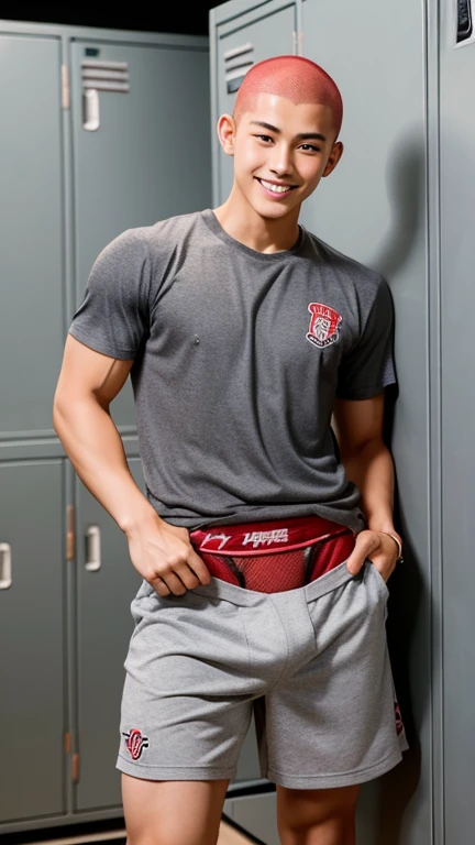 Japanese men、15 years old、Basketball Man、Muscles and smooth skin、Red shaved head、Relaxed and friendly smile、Dark grey boxer briefs、The whole body is visible from toes to head、locker room、