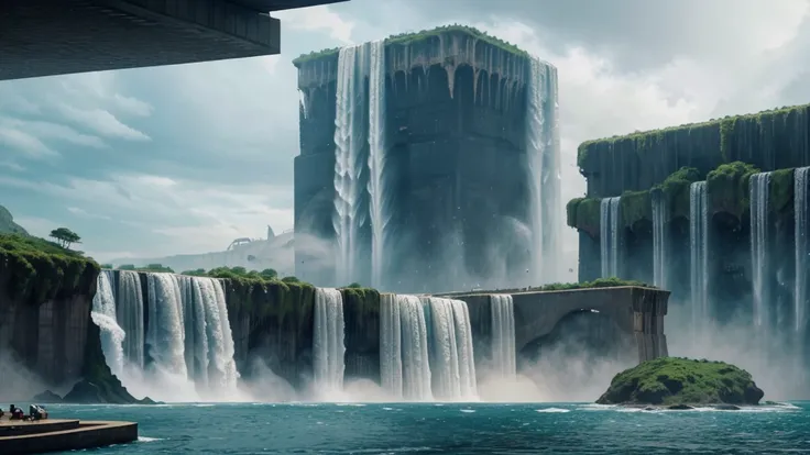 arafed view of a city with a large wall and a lot of traffic, a gigantic wall, wall of water either side, epic megastructure, background megastructure, megastructure, waterfall walls, brutalist waterfall environment, an epic scifi movie still, alien waterf...