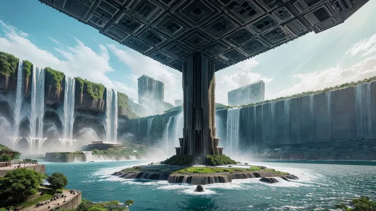 arafed view of a city with a large wall and a lot of traffic, a gigantic wall, wall of water either side, epic megastructure, background megastructure, megastructure, waterfall walls, brutalist waterfall environment, an epic scifi movie still, alien waterf...