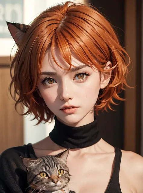 A cat with short orange hair and dark brown eyes