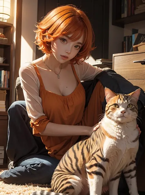 A cat with short orange hair and dark brown eyes