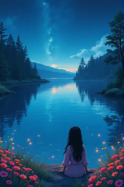 Scene 4: The Lake of Reflection Description:
Haya approaches a peaceful lake surrounded by bright flowers and bushes. The water is crystal clear and reflects the image of the stars and the sky, creating a magic mirror effect. Haya lies down on the lakeshor...