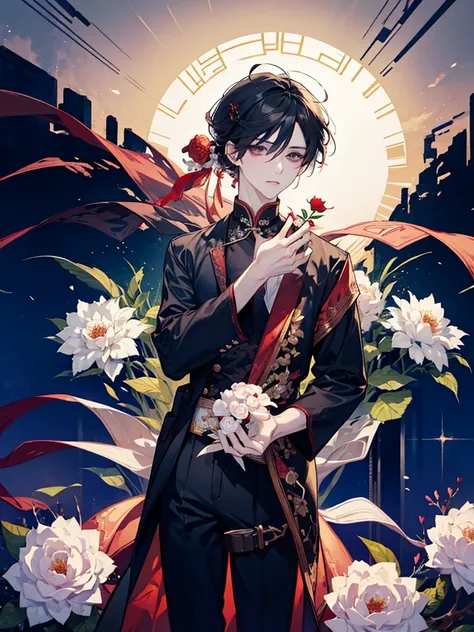 Chinese anime style, young man character with his back looking at the viewer, serious and delicate expression, androgynous young man, masterpiece, long dark hair fluttering decorated with a hairpin, long flowing white robes, short man, small waist, cherry ...