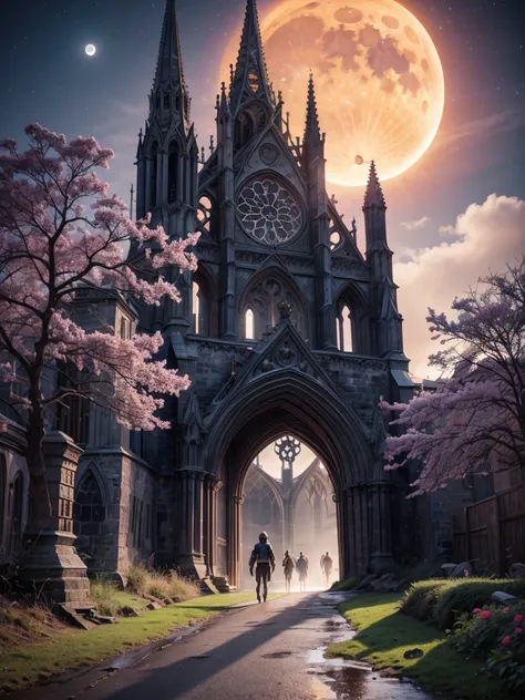 Anime aesthetics, Fantasy Landscape, Medieval Cathedral, Broken wall, Tall old wooden door, Black Old Brooks, Broken road leading to the old cathedral, Red Solar Eclipse, Many pink flowers with pointed petals, Dark Souls 3 Eclipse, Wide Shot, Front view, V...