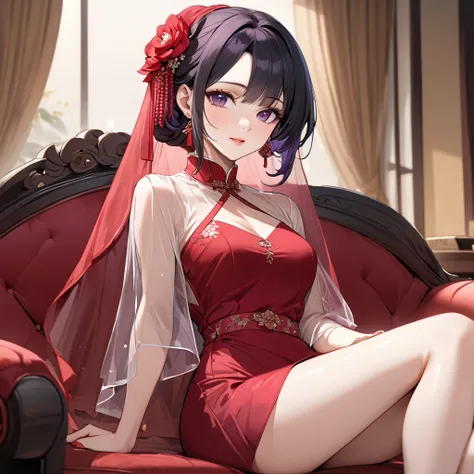 ((Highest quality)), ((masterpiece)), (detailed), （Perfect Face）、The woman is a Chinese woman named Kocho Shinobu.。, Purple gradient bob black hair and formal evening hairstyles. She is wearing an engagement ring. She is a prominent member of the Chinese C...