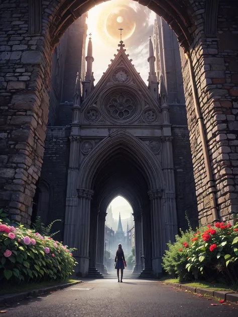 Anime aesthetics, Fantasy Landscape, Medieval Cathedral, Broken wall, Tall old wooden door, Black Old Brooks, Broken road leading to the old cathedral, Red Solar Eclipse, Many pink flowers with pointed petals, Dark Souls 3 Eclipse, Wide Shot, Front view, V...