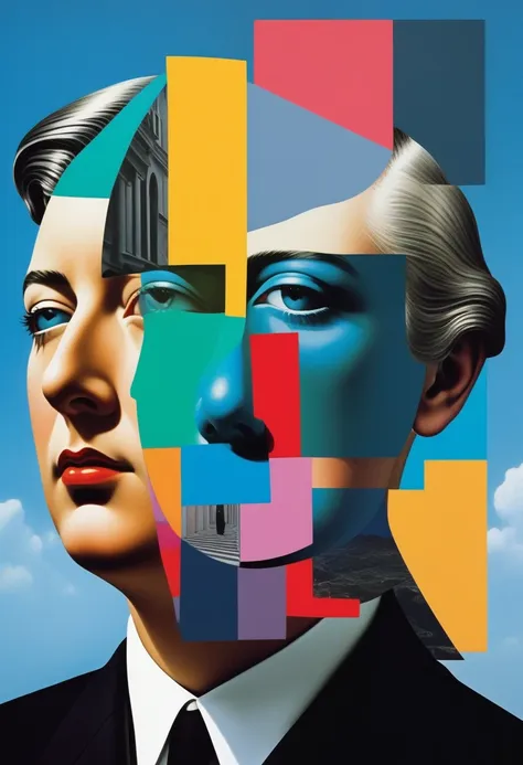 rené magritte，surreal and strange dislocation art：collage，there are many different things on the faces，rgb scale neon colors, ge...