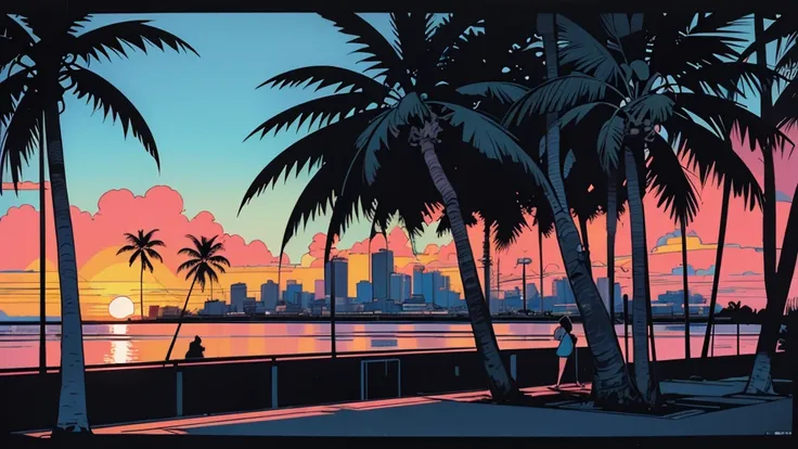 retro bar, Miami, sunset, palm tree, 90s, (flat colors, flat texture, lineart:1.2), graphic design, (heavy ink, black ink)