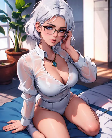 Sweet expression, kneeling, hands between legs, white glasses, white short hair, (8k, RAW photo, photorealistic:1.25) ,( lip gloss, eyelashes, glossy face, glossy skin, best quality, Super high resolution, depth of field, chromatic aberration, caustics, wi...