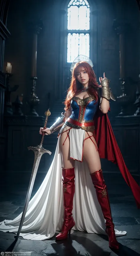 Ultra-realistic fantasy warrior: Full-body Fierce redhead woman, blue armor, white dress. Wielding an ornate bloodied sword. Flowing red cape. Medieval domed building background. 90s anime style, vibrant colors. Low angle view, heroic pose. Detailed armor ...