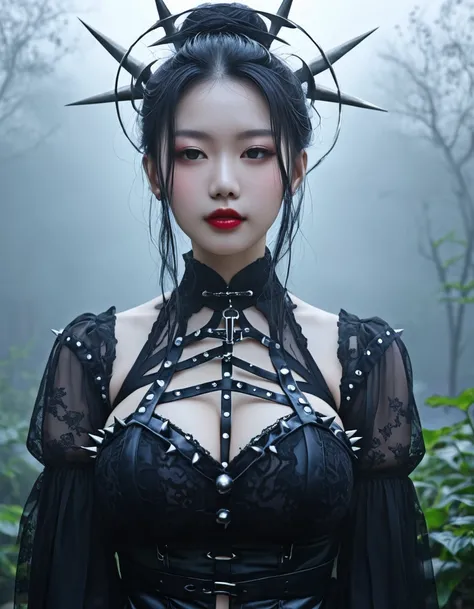 image Korean woman in her twenty fifth year wearing a gothic outfit her hair is made up with silver strands intertwine with her hair a moody background of spikes darkness spirals behind the mist hanging in the garden in the evening