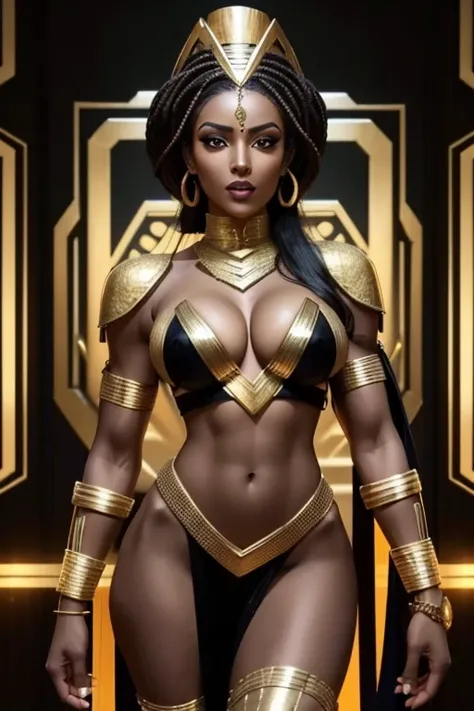 Ethiopian woman, ethnically Ethiopian, muscular and athletic woman, in early thirties, wearing black and gold luxtech, ethnic jewelry, cyberpunk themed, sexy, not safe for work, scantily clad, dressed seductively, showing skin, exposed hips, visible cleava...